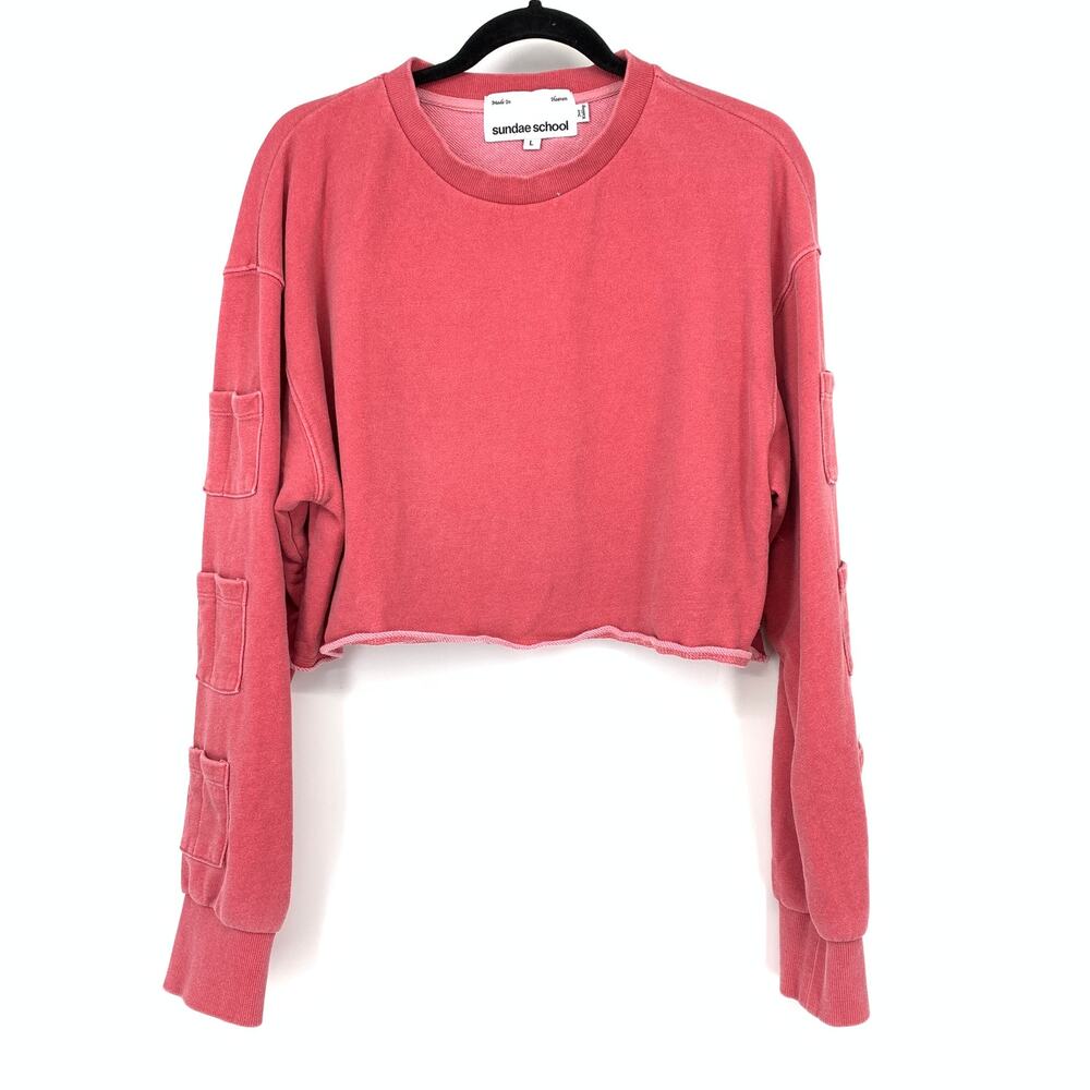 Sundae School Crop Sweatshirt Womens Sz L Pink Crew Neck Long Sleeve *FLAW